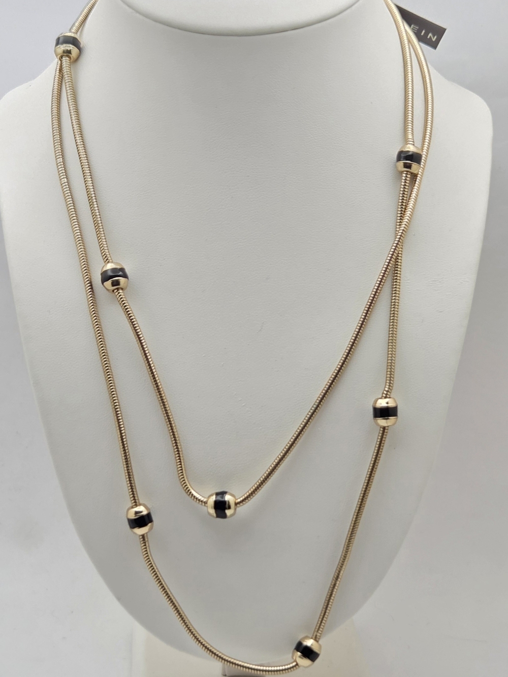 Anne Klein NWT Gold Tone Snake Chain Long Necklace Black Enamel Beads 42"